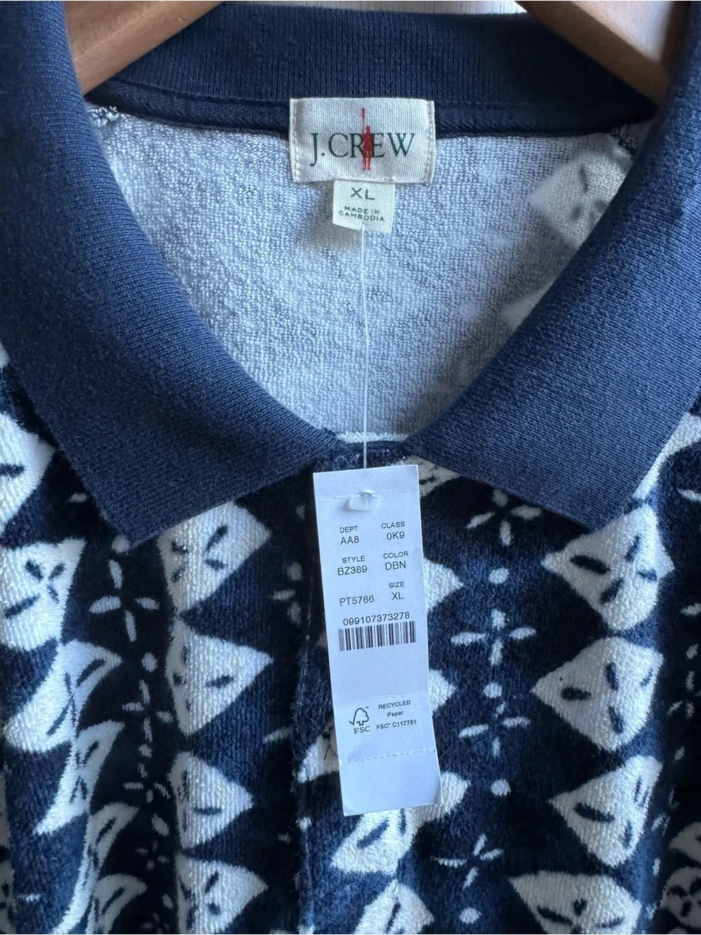 NEW J.Crew Terry Cloth Polo Shirt – Navy Print – XL